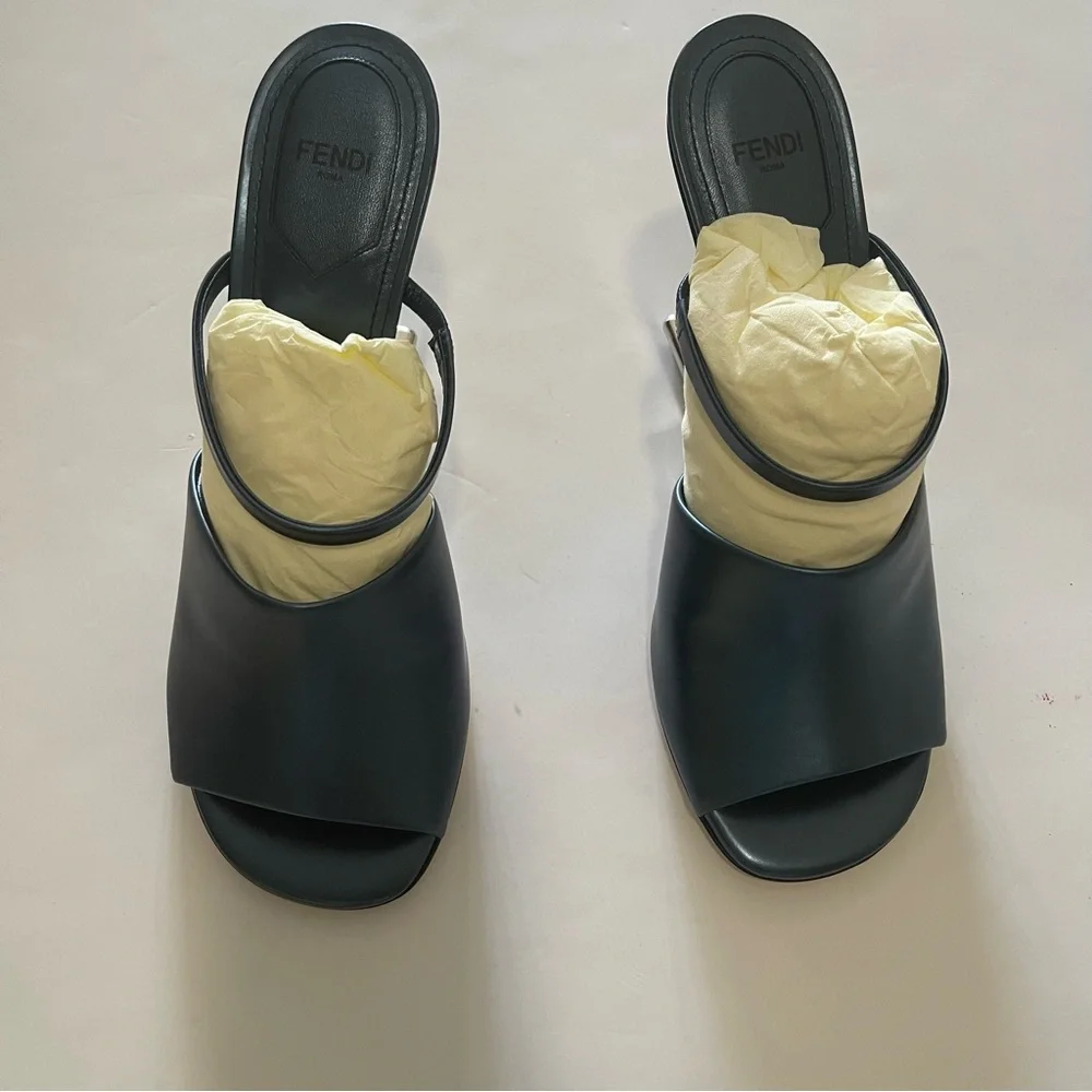 Fendi First Metallic F-Heel Mule Sandals - Picture 7 of 15